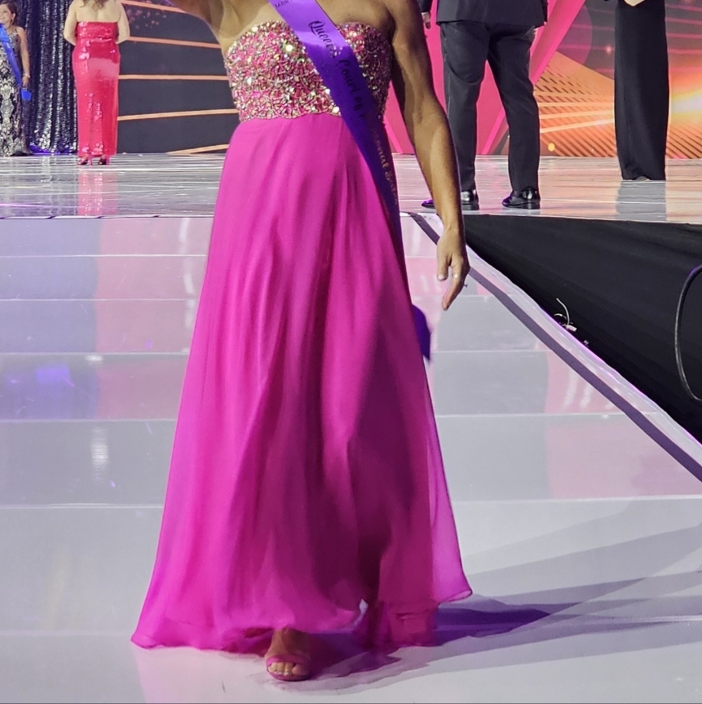 Strapless Fuchsia Evening Gown with Embellished Bodice.  Between 0-2